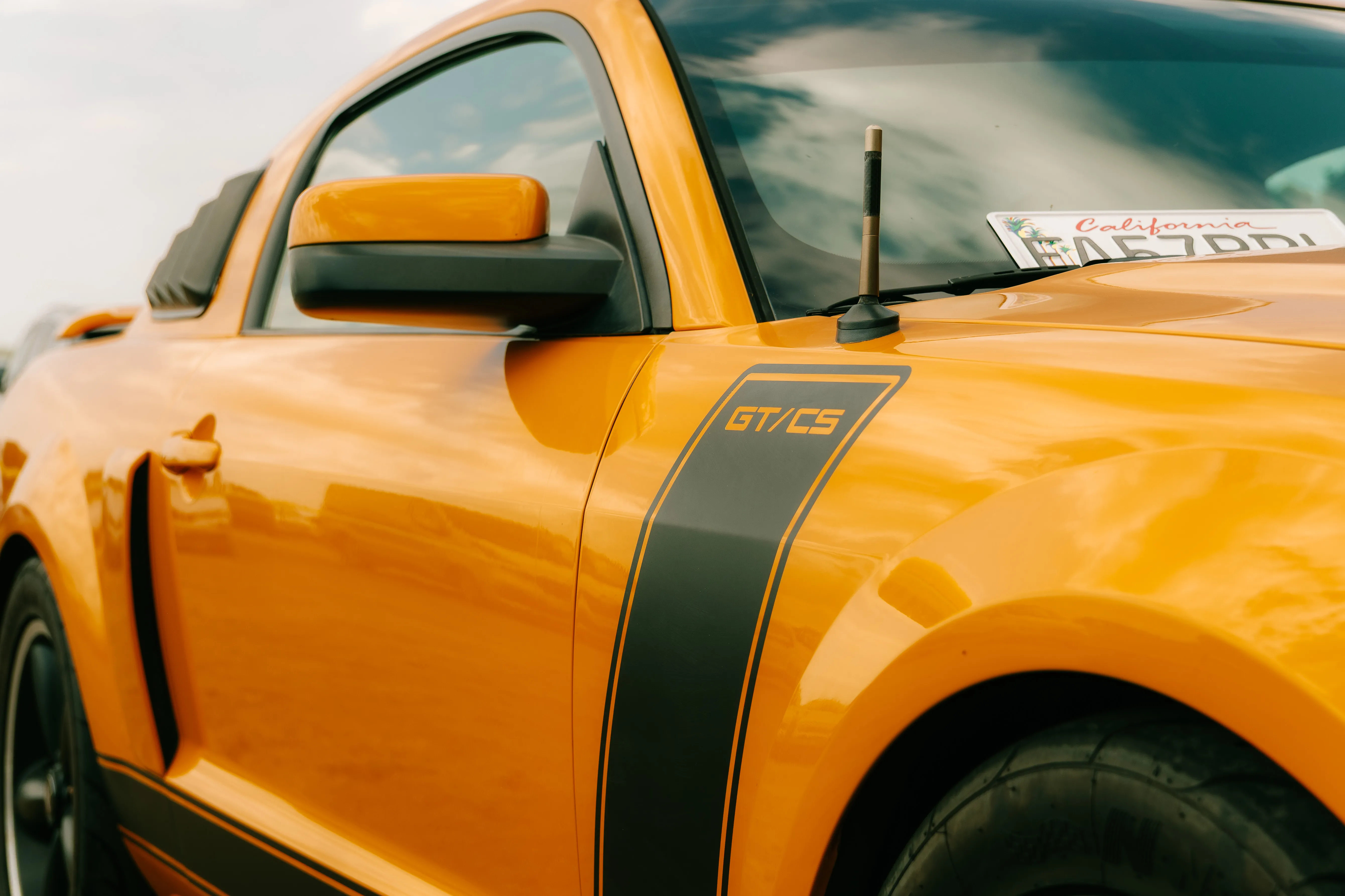 The flank of an orange Mustang GT/CS, its black racing stripe running back into the wheel arch.
