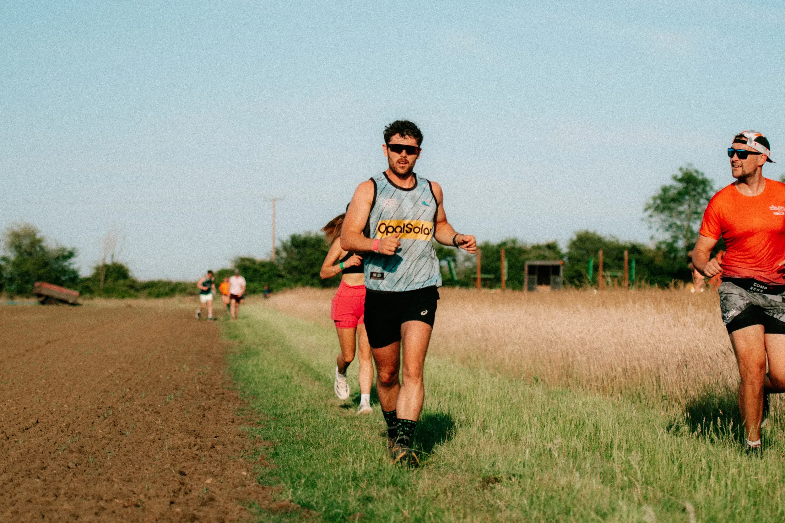 A runner in a blue vest on the tramline between a bare field and long dry grass, others strung out ahead.