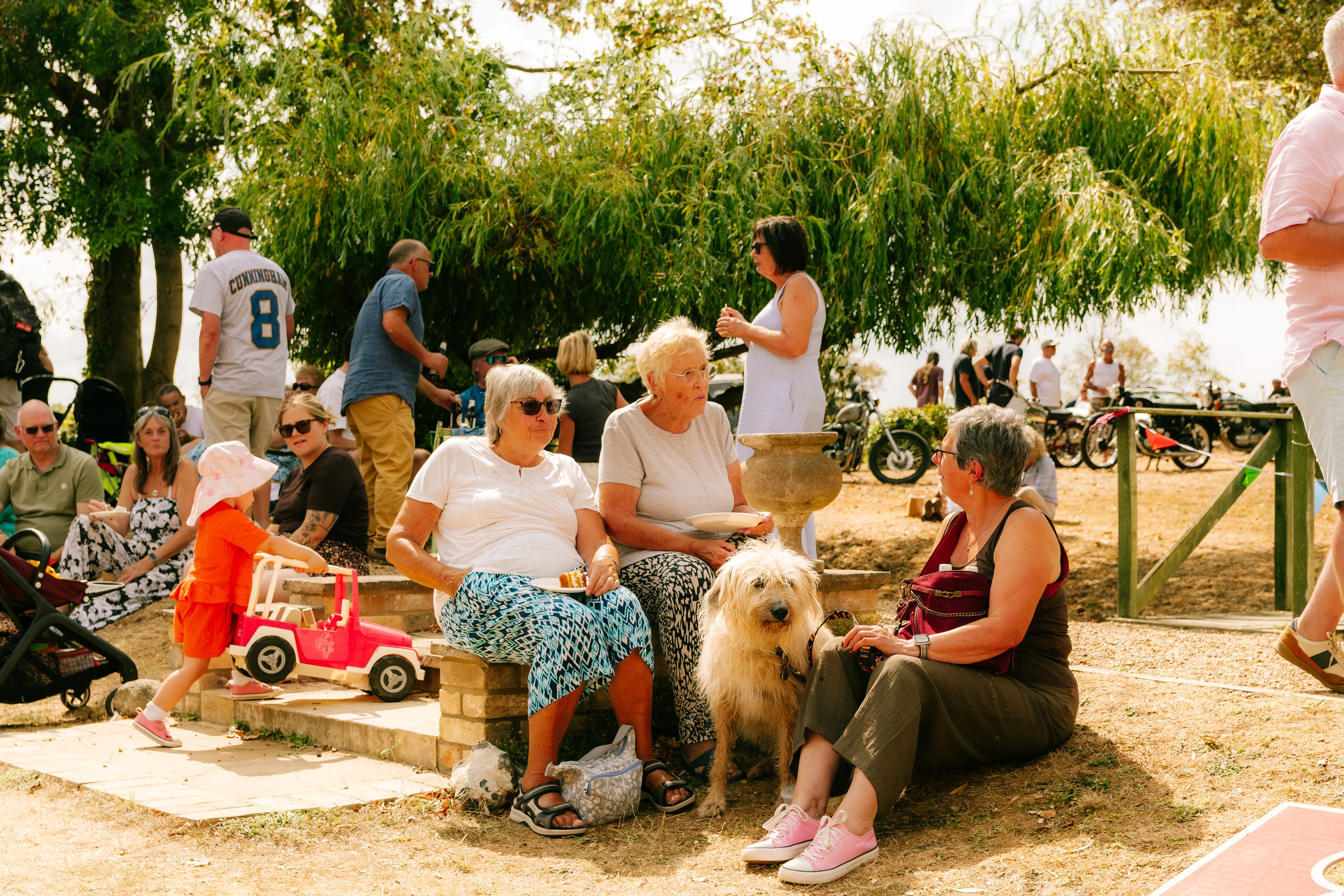 Families sat in the shade at the car show, a scruffy dog watching the camera and motorbikes lined up behind.