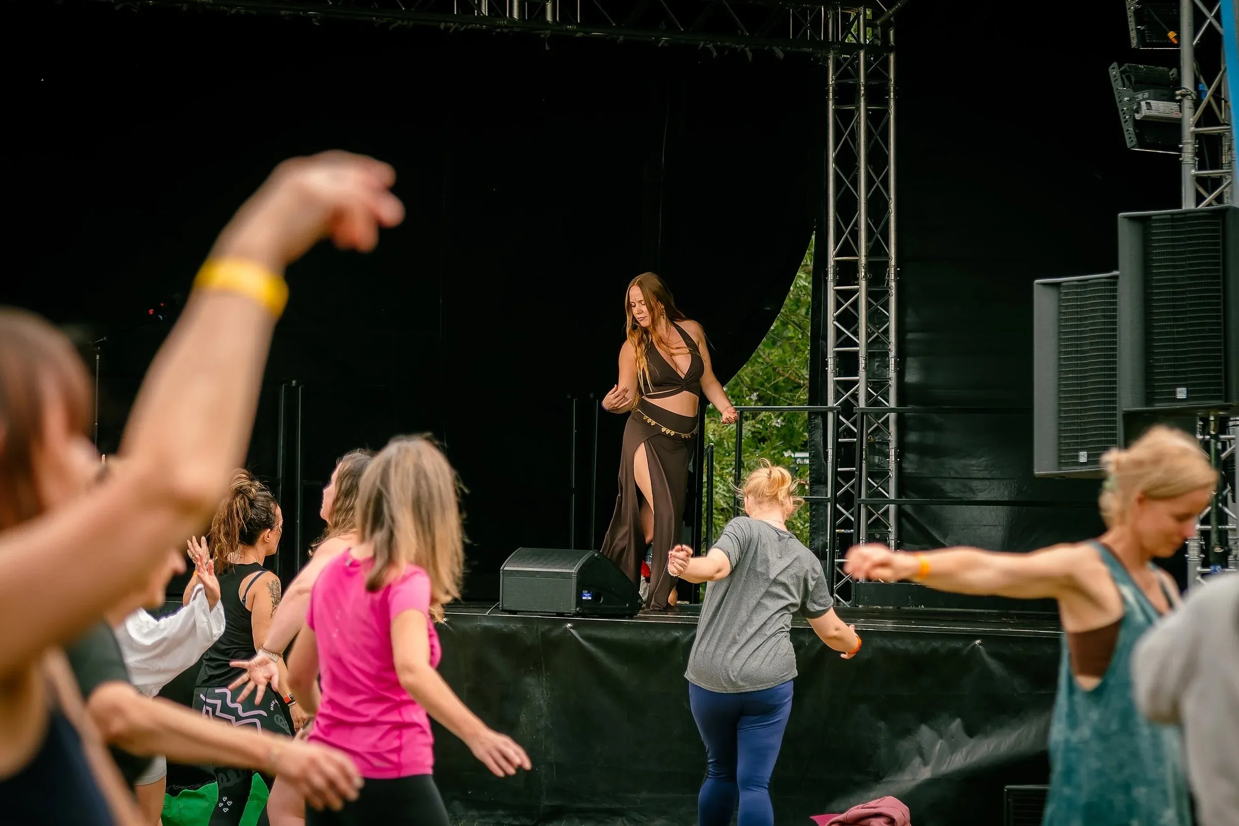 A performer on stage with the crowd dancing in front, one arm raised in the foreground.